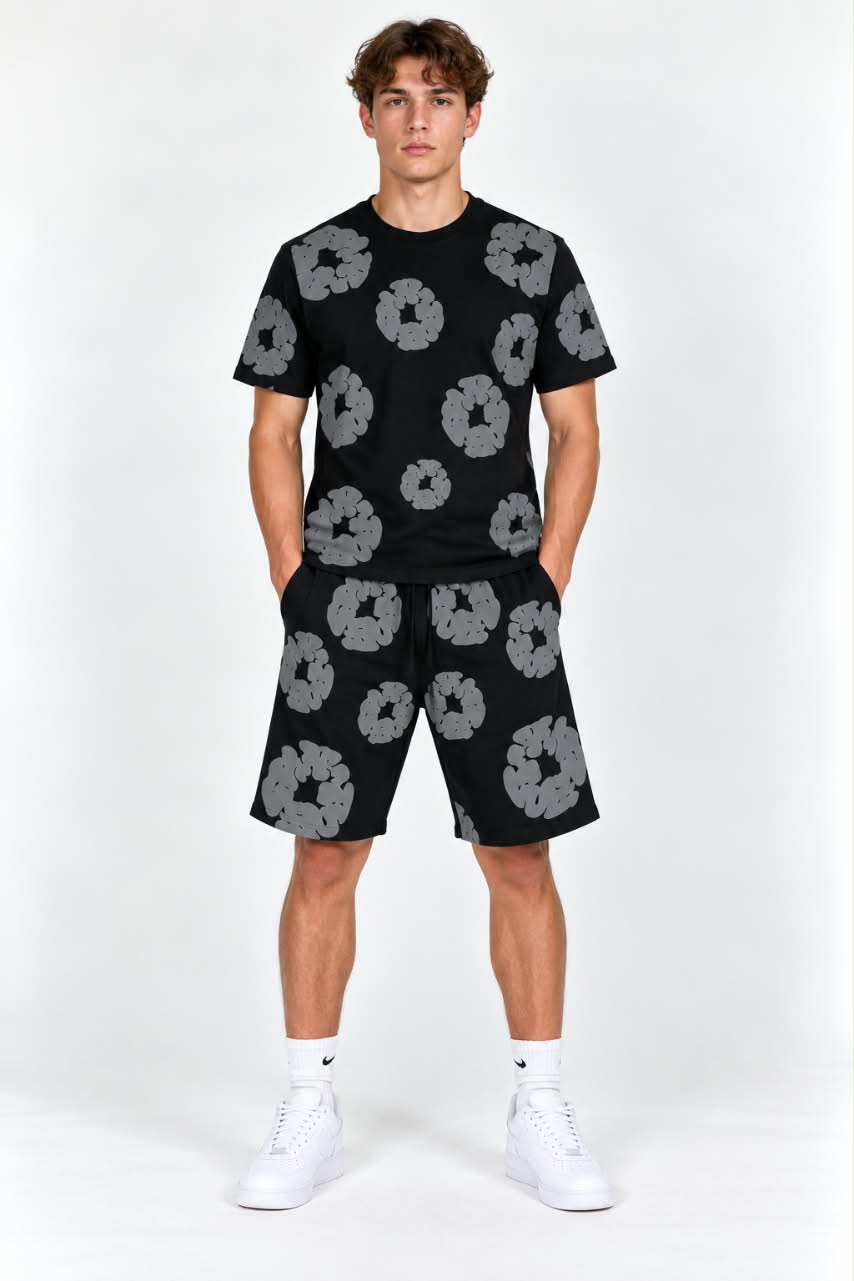Black & Grey Floral Print T-Shirt & Shorts Set