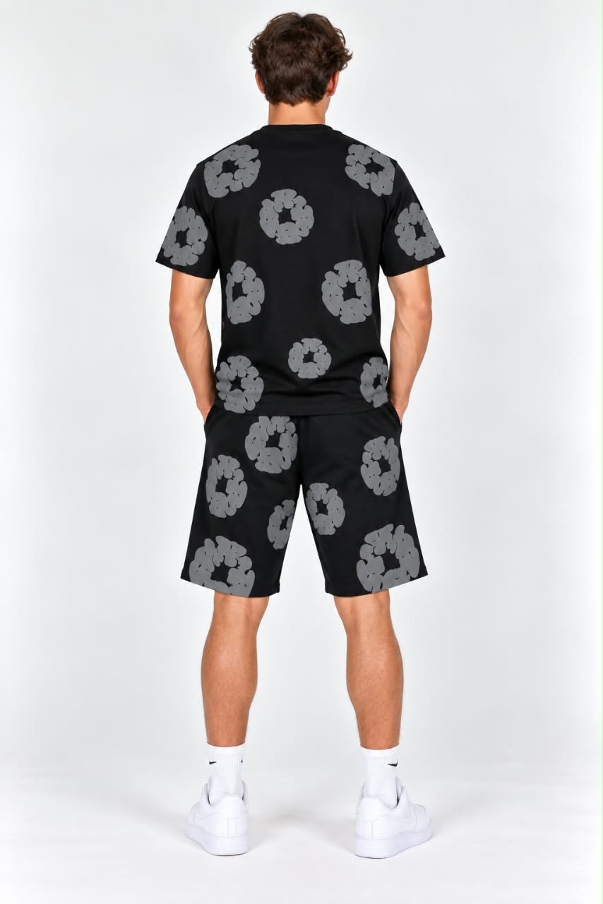 Black & Grey Floral Print T-Shirt & Shorts Set
