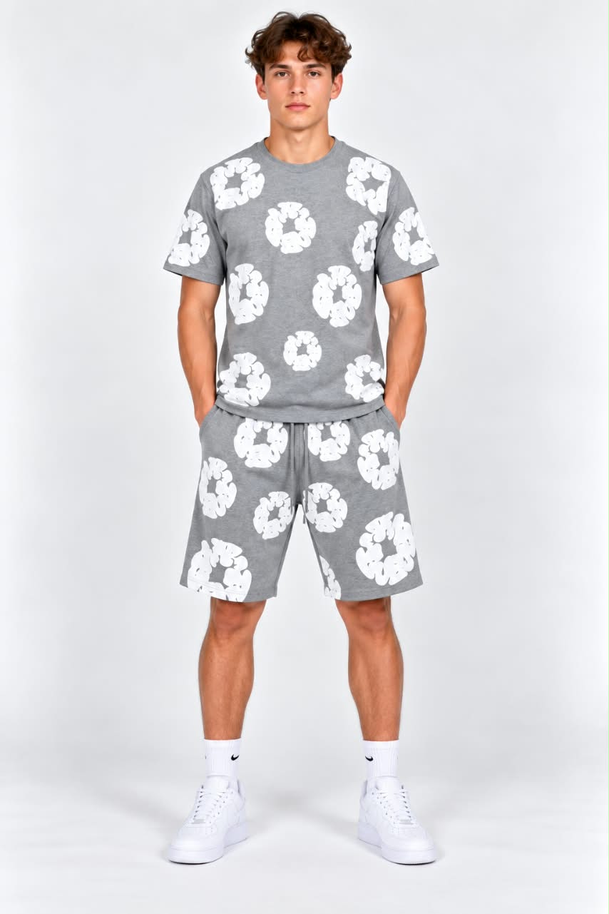 Men’s Grey Floral Print T-Shirt & Shorts Co-Ord Set