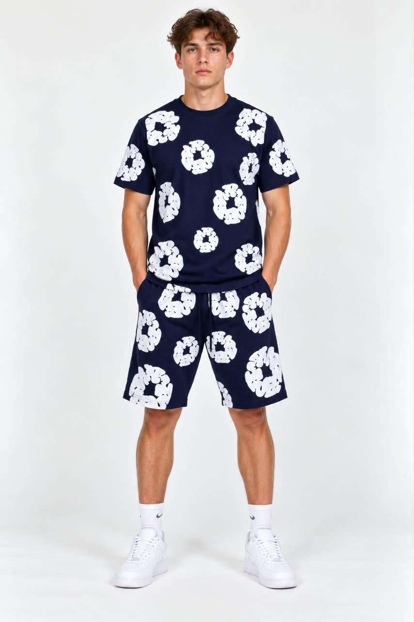Men’s Navy Blue Floral Print T-Shirt & Shorts Co-Ord Set